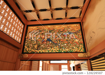 The vividly colored carved transoms and floral and bird decorations of the Nagoya Castle Honmaru Palace 128226587