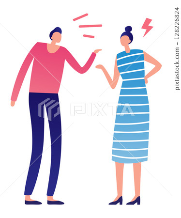 Colleagues arguing, with a man blaming a woman, depicting business conflict and communication problems, highlighting stress and tension in the workplace 128226824