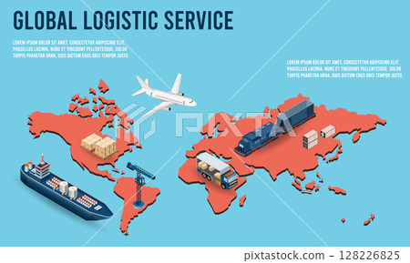 Modern Global logistic service isometric concept with export, import, warehouse business, transport. Vector illustration 128226825