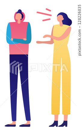 Colleagues experiencing a disagreement, with a woman expressing frustration to a man, highlighting communication problems and misunderstandings in a workplace setting 128226835