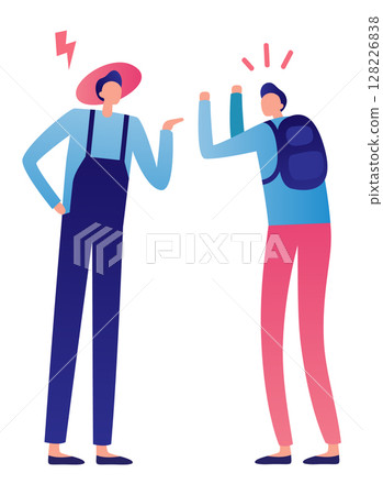 Farmer and student arguing, with the farmer complaining and the student raising hands in disagreement, highlighting the generation gap and communication problems Farmer and student arguing, with the farmer complaining and the student raising hands in disagreement, highlighting the generation gap and communication problems 128226838