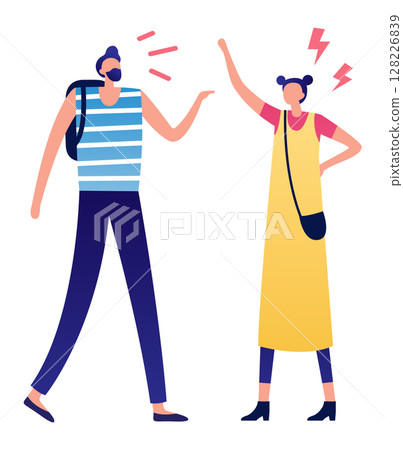 Couple of tourists having communication problems during vacation, woman raising hand and arguing with man with backpack, quarrel and conflict between people, misunderstanding concept 128226839