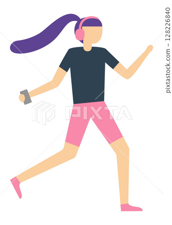 Sporty girl jogging while enjoying music through headphones and holding a smartphone, embodying a vibrant and active lifestyle focused on fitness and wellness 128226840
