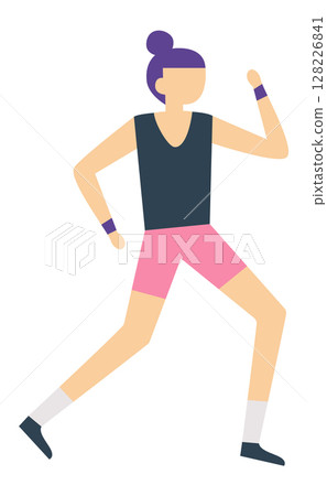 Young sporty woman with purple hair, wearing pink shorts and dark tank top is running, practicing jogging for fitness and health, isolated on white background 128226841