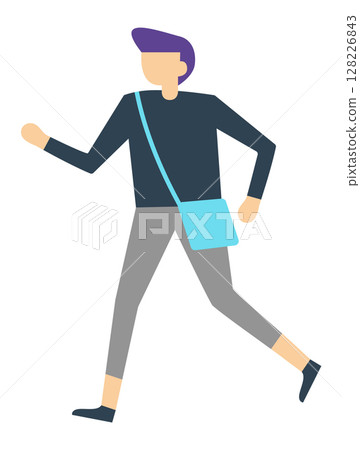 Stylish male student with vibrant purple hair, dressed in casual attire, walking confidently to university while carrying a light blue shoulder bag, embodying a modern, youthful lifestyle 128226843