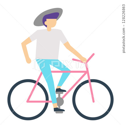 Young man wearing a stylish hat rides a vibrant pink bicycle, enjoying a leisurely journey through the city in casual clothing, embodying a carefree and active lifestyle 128226863