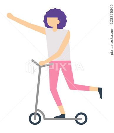 Young woman with vibrant purple hair riding a scooter, waving cheerfully while enjoying a leisurely ride through the city, greeting familiar faces on a sunny day 128226866