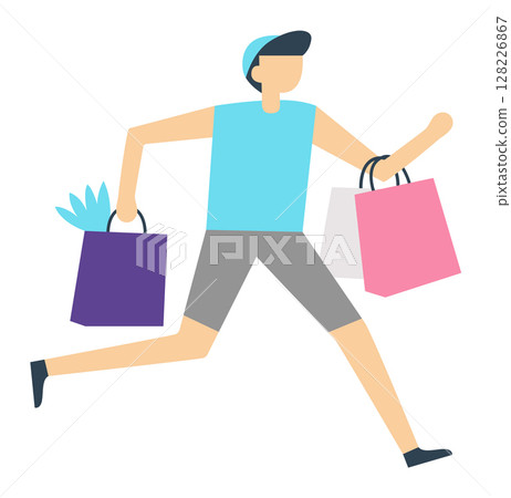 Happy customer running energetically while holding colorful shopping bags filled with clothes and gifts, enjoying the excitement of the sales season at the bustling mall 128226867