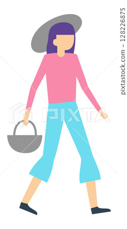 Young woman wearing a stylish summer hat and casual clothing is walking while carrying a basket, set against a clean white background, embodying a trendy urban lifestyle Young woman wearing a stylish summer hat and casual clothing is walking while carrying a basket, set against a clean white background, embodying a trendy urban lifestyle 128226875