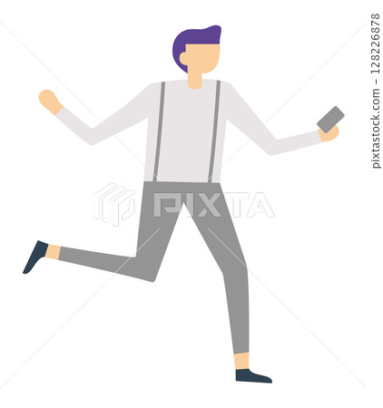 Young man wearing suspenders running energetically while holding a smartphone, embodying themes of speed, connectivity, and a vibrant modern lifestyle filled with technology and communication 128226878