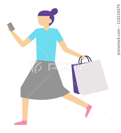 Young woman running through the city, joyfully carrying shopping bags and a smartphone, embodying the vibrant spirit of modern consumerism and the rise of mobile shopping trends 128226879