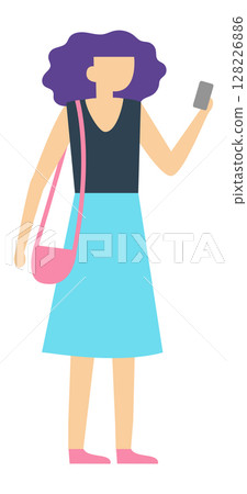 Full length illustration of a young woman with purple hair holding a smartphone in one hand and a pink bag over her shoulder, suggesting a casual and connected lifestyle 128226886