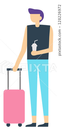 Young tourist holding a refreshing soda while pulling luggage during a vacation, set against a clean white background, embodies the excitement of travel and adventure 128226972