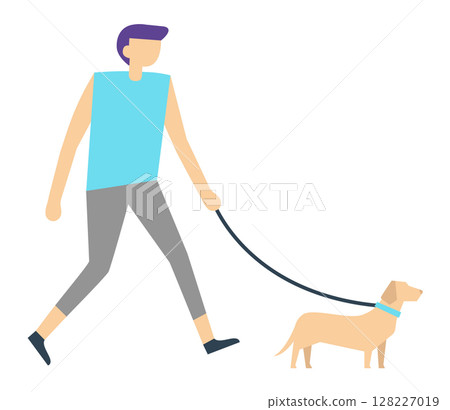 Young man enjoying a leisurely stroll with his adorable dachshund, highlighting the joys of responsible pet ownership and embracing an active, healthy lifestyle in the great outdoors 128227019