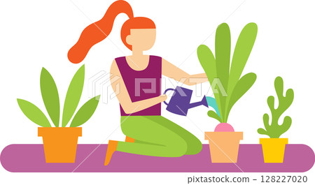 Young woman with red hair tied in ponytail wearing purple shirt and green trousers is kneeling and watering plants in pots with watering can 128227020