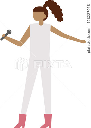 Young woman with ponytail holding microphone and singing, wearing white outfit and pink boots, full body view, flat vector illustration isolated on white background 128227038