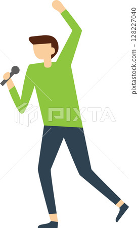 Young male singer performing live on stage, holding a microphone and raising an arm in excitement, captured in a full body illustration against a clean white background 128227040