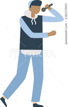 Young man singing passionately into a microphone while performing rap music on stage, dressed in casual clothes and a stylish hoodie, radiating energy and emotion 128227043