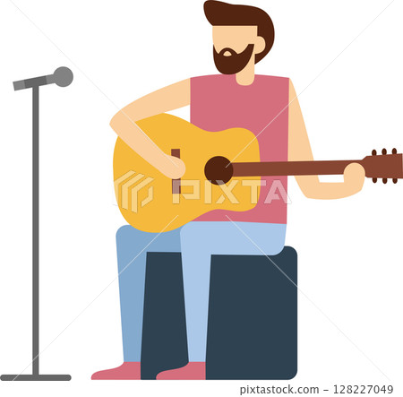 Illustration of a musician playing an acoustic guitar while seated on stage. The artist is positioned next to a microphone, suggesting a live performance or recording session Illustration of a musician playing an acoustic guitar while seated on stage. The artist is positioned next to a microphone, suggesting a live performance or recording session 128227049