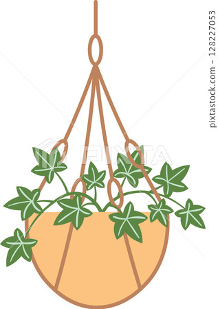 Illustration of a hanging basket filled with vibrant green ivy, showcasing a simple yet elegant botanical design. Perfect for gardening enthusiasts and nature inspired decor 128227053