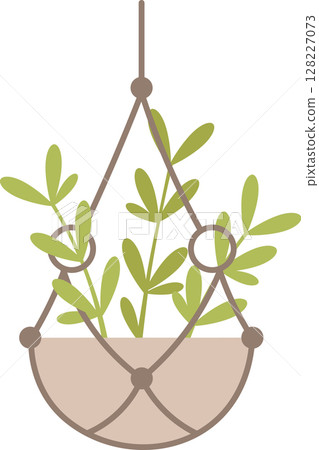 Macrame plant hanger showcasing a small green plant, enhancing home decor and bringing a refreshing touch of nature into any living space or room design 128227073