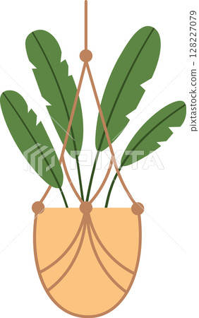 Lush green leaves cascading from a macrame plant hanger, adding a vibrant and stylish touch to modern home decor while enhancing the atmosphere of an inviting indoor space 128227079