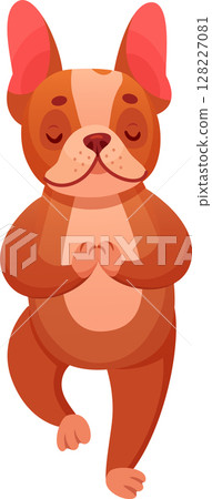 Brown french bulldog with closed eyes practicing yoga, meditating in tree pose, holding paws together, standing on one leg, finding inner peace and balance, cartoon vector illustration 128227081
