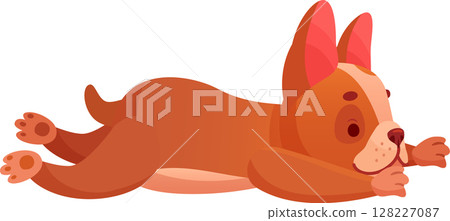 Adorable brown French bulldog puppy lying down and stretching its paws, playfully waiting in a cheerful pose, isolated on a bright white background, illustrated in a charming cartoon style 128227087
