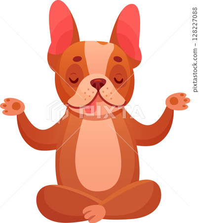 Cartoon french bulldog practicing yoga, meditating in lotus position with closed eyes and tongue out, isolated on white background, representing mindfulness, relaxation and inner peace 128227088