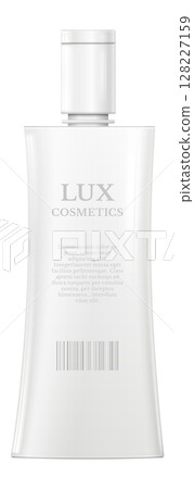 Realistic white plastic cosmetic bottle with a flip top cap, barcode, and sample text positioned on a white background, offering a clean and professional look for beauty products 128227159