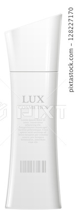White plastic cosmetic bottle with a modern design, featuring a barcode and placeholder lorem ipsum text, is standing on a white background, showcasing its sleek and minimalist aesthetic White plastic cosmetic bottle with a modern design, featuring a barcode and placeholder lorem ipsum text, is standing on a white background, showcasing its sleek and minimalist aesthetic 128227170