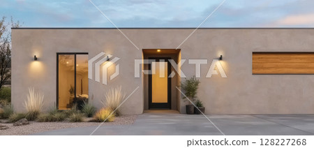 Modern desert home with stylish facade and warm lighting in evening glow Modern desert home with stylish facade and warm lighting in evening glow 128227268