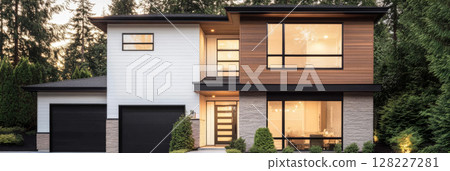 Modern two-story house surrounded by lush trees in a peaceful neighborhood during sunset 128227281