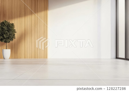 Minimalist interior with a potted plant and wooden wall at midday in a modern space 128227286