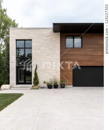Modern house design featuring stone and wood elements in a serene environment Modern house design featuring stone and wood elements in a serene environment 128227303