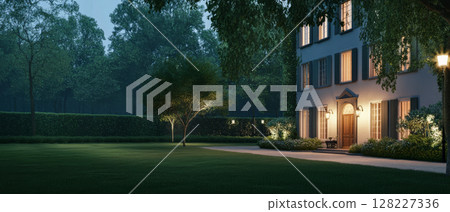 Elegant house illuminated by soft lights in a tranquil garden during twilight Elegant house illuminated by soft lights in a tranquil garden during twilight 128227336