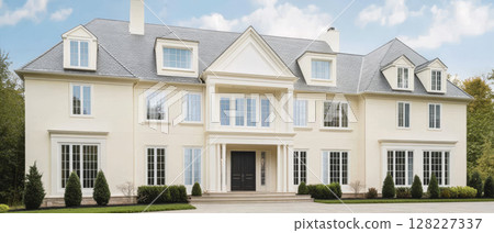 Elegant modern house with large windows and manicured landscape in a serene environment 128227337