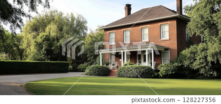 Beautiful brick house with lush greenery in a peaceful suburban setting 128227356