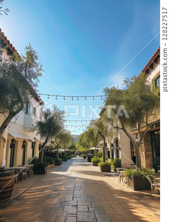 Street view featuring lush olive trees, charming white buildings, and a clear blue sky. 128227517