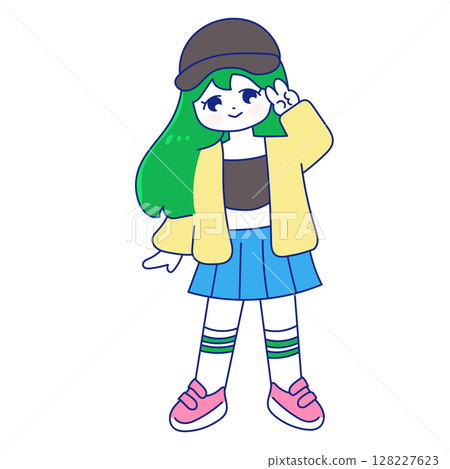 A girl in a pop outfit doing a peace sign A girl in a pop outfit doing a peace sign 128227623