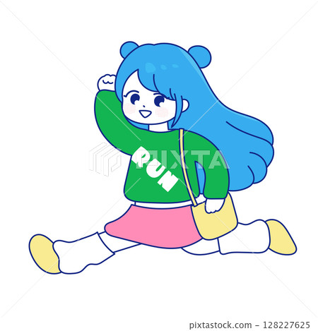 A pop girl in a patterned sweatshirt jumping energetically 128227625