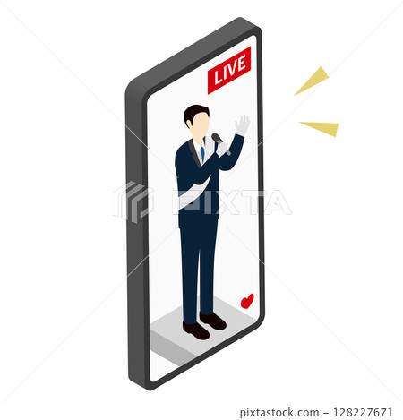 智慧型手機上直播的男性候選人競選演講的等距插圖 128227671