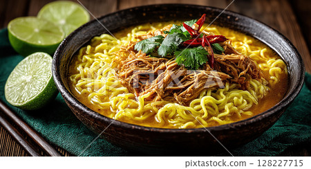 Bowl of Thai noodle soup with tender chicken, garnished with cilantro and chili, exudes warm, inviting aroma 128227715