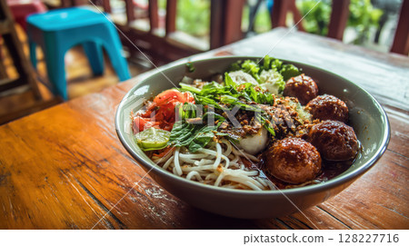 Bowl of Thai noodle soup with meatballs, pork slices, and fresh vegetables on wooden table 128227716