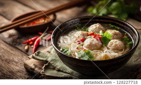 Bowl of Thai noodle soup with meatballs, garnished with fresh cilantro and red chili peppers, sits on rustic wooden table Bowl of Thai noodle soup with meatballs, garnished with fresh cilantro and red chili peppers, sits on rustic wooden table 128227718