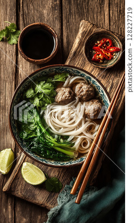 Bowl of Thai noodle soup with meatballs, fresh greens, and lime on rustic wooden board, accompanied by soy sauce and sliced chili 128227719