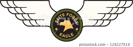 Stylized vector illustration of an elite force eagle military patch featuring outstretched wings, a central roundel with an eagle head, stars, and the words elite force eagle 128227818
