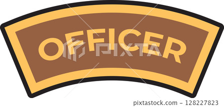 Officer rank insignia featuring the word OFFICER in gold letters on a curved brown background with gold borders, suitable for military or law enforcement themes 128227823