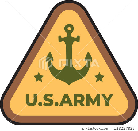 Triangular logo of the U.S. Army featuring a stylized green anchor and two green five pointed stars on a yellow background, evoking maritime operations and military symbolism Triangular logo of the U.S. Army featuring a stylized green anchor and two green five pointed stars on a yellow background, evoking maritime operations and military symbolism 128227825