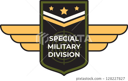 Stylized emblem representing a special military division, featuring a shield shape with wings, target, three stars, and a gold and white stripe Stylized emblem representing a special military division, featuring a shield shape with wings, target, three stars, and a gold and white stripe 128227827